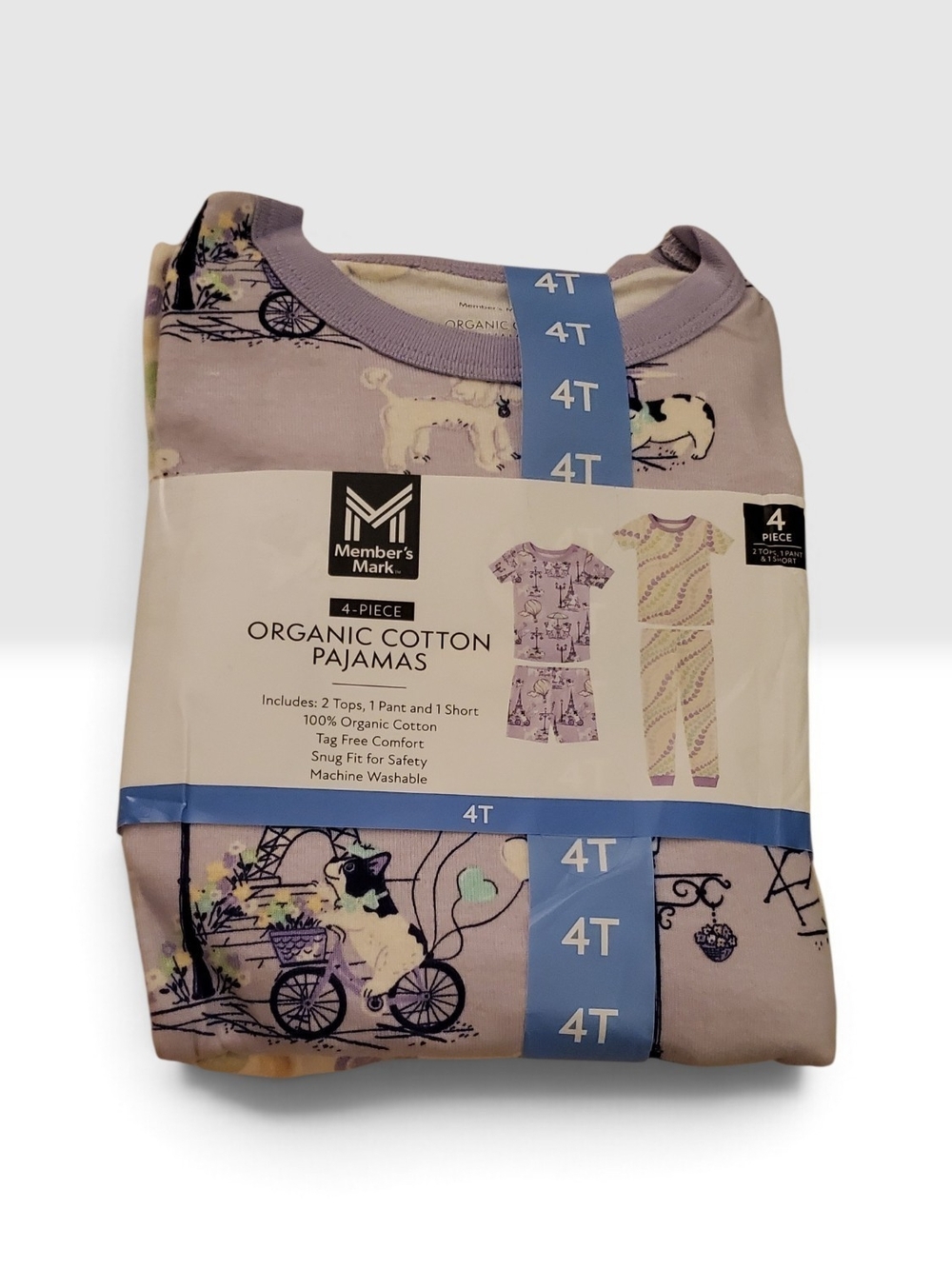 Member’s Mark Girls 4T Organic Cotton 4-Piece Pajama Set Purple Hearts